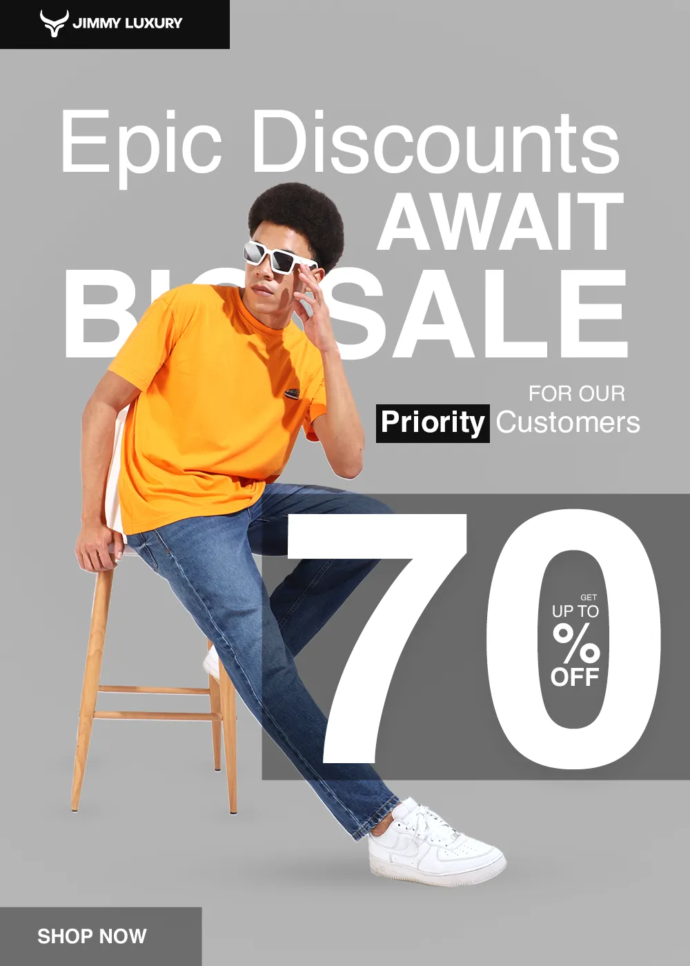 Archived Jimmy Luxury sale artwork featuring a yellow T-shirt and jeans