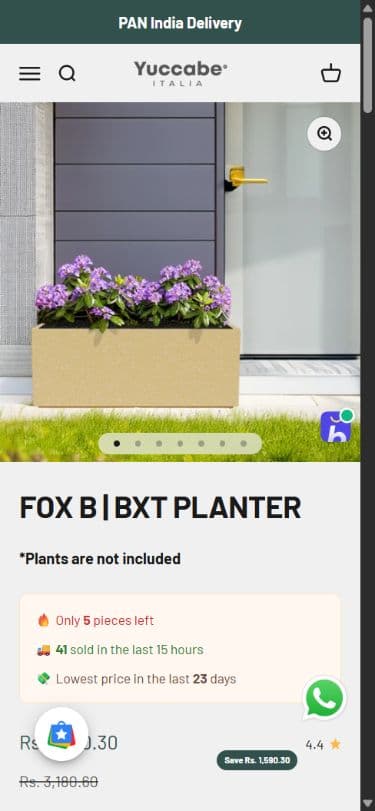 Yuccabe Italia — planter detail on mobile
