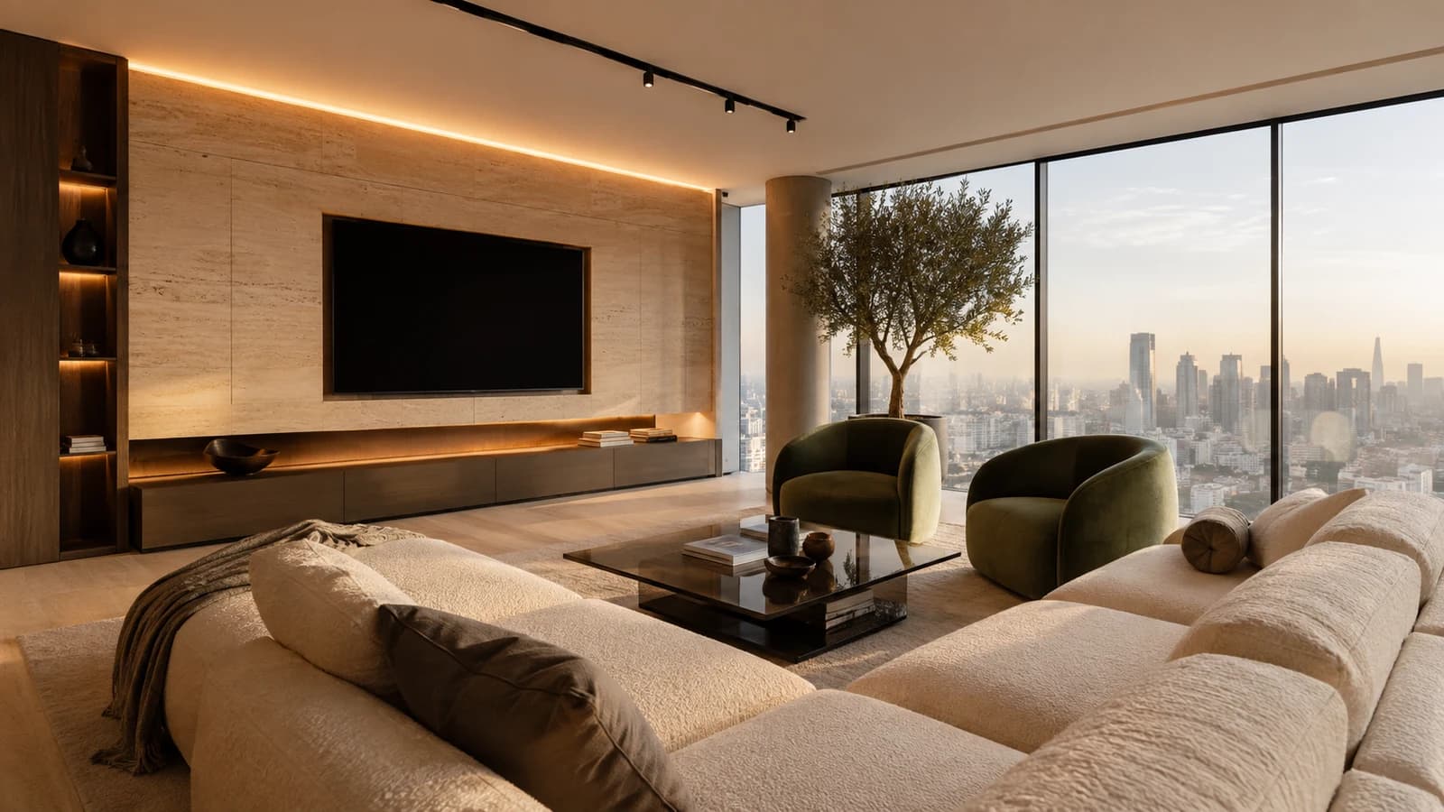 Warm living-room imagery with pale stone, a low sofa and panoramic windows, from the website’s Glassline Residence project.