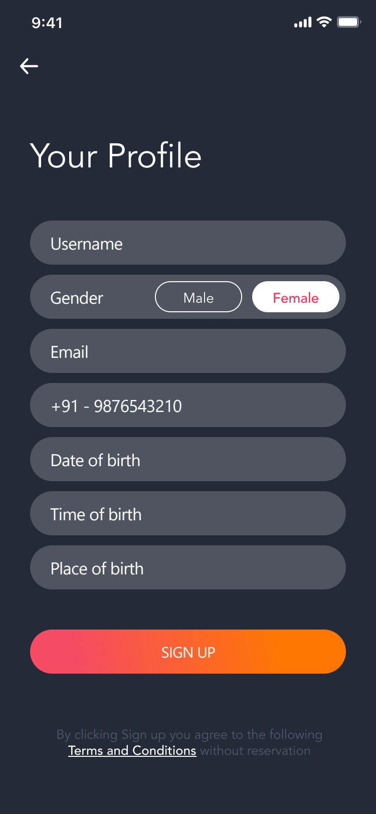 Birth details and account registration — original design