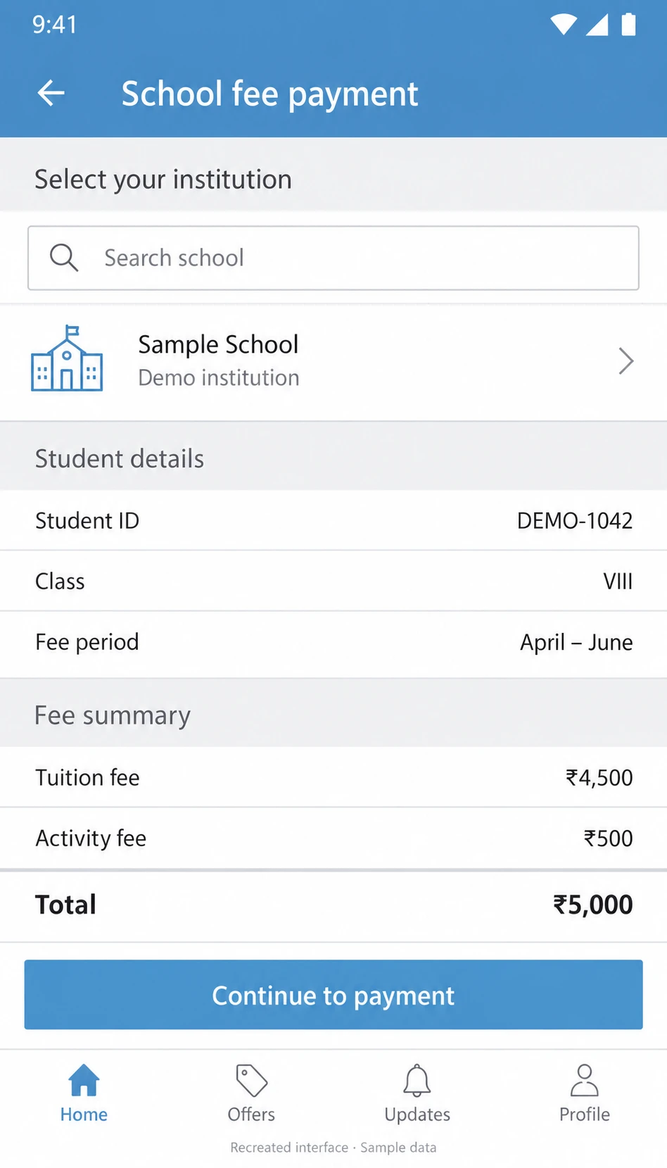 School fee selection and summary — recreated interface with sample data