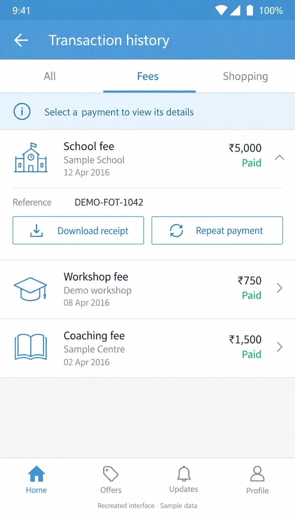 Fee payment history and receipt actions — recreated interface with sample data
