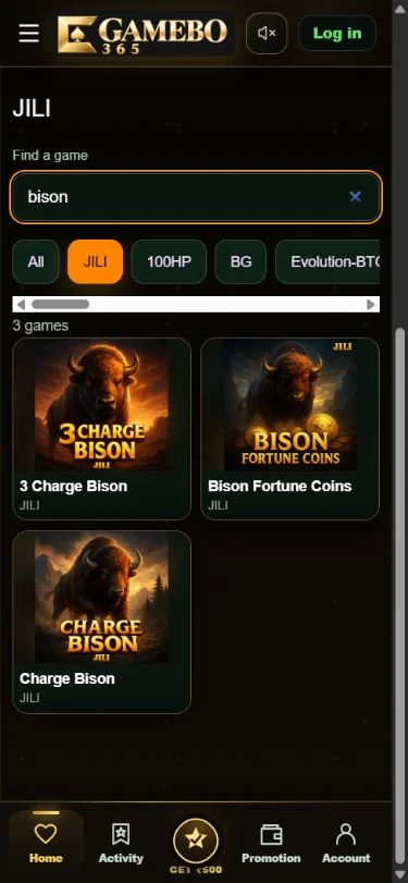 Gamebo365 — mobile search results with JILI selected
