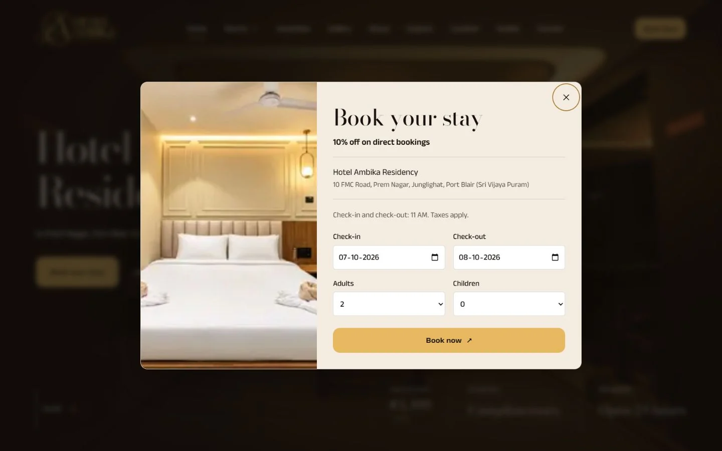 Ambika — booking dialog with date and guest controls