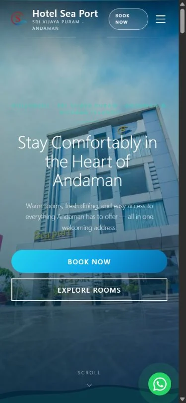 Hotel Sea Port — mobile homepage with booking and menu controls