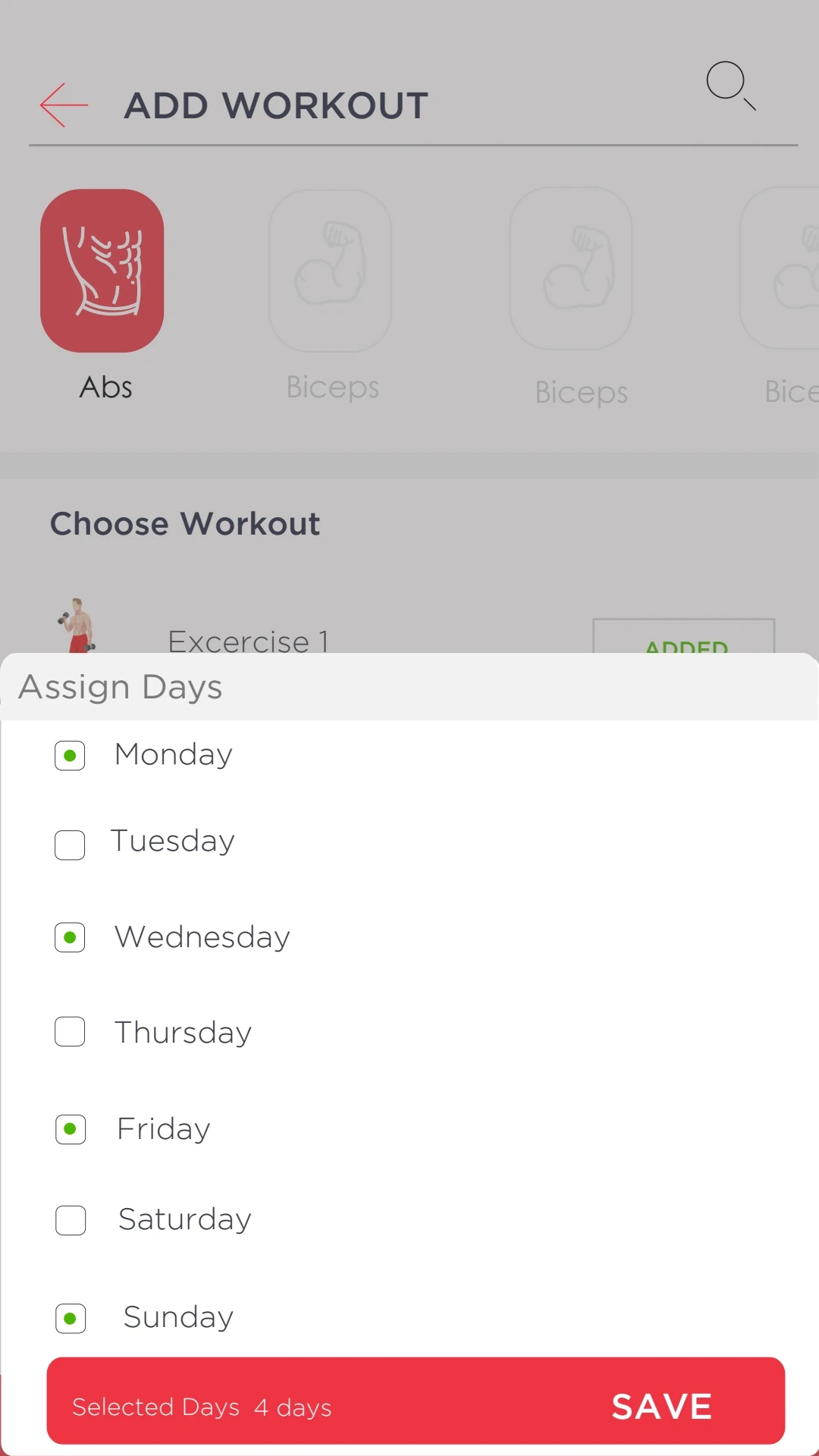 Workout day selection — original interface design