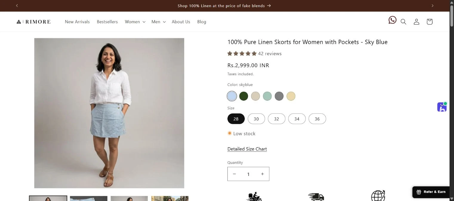 Linen skorts — product and variant selection