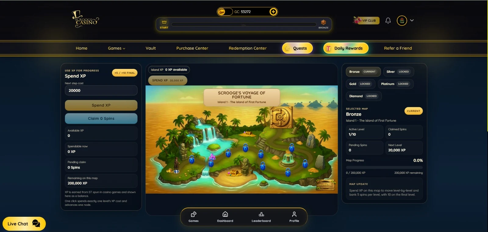 Scrooge — island map and progression controls