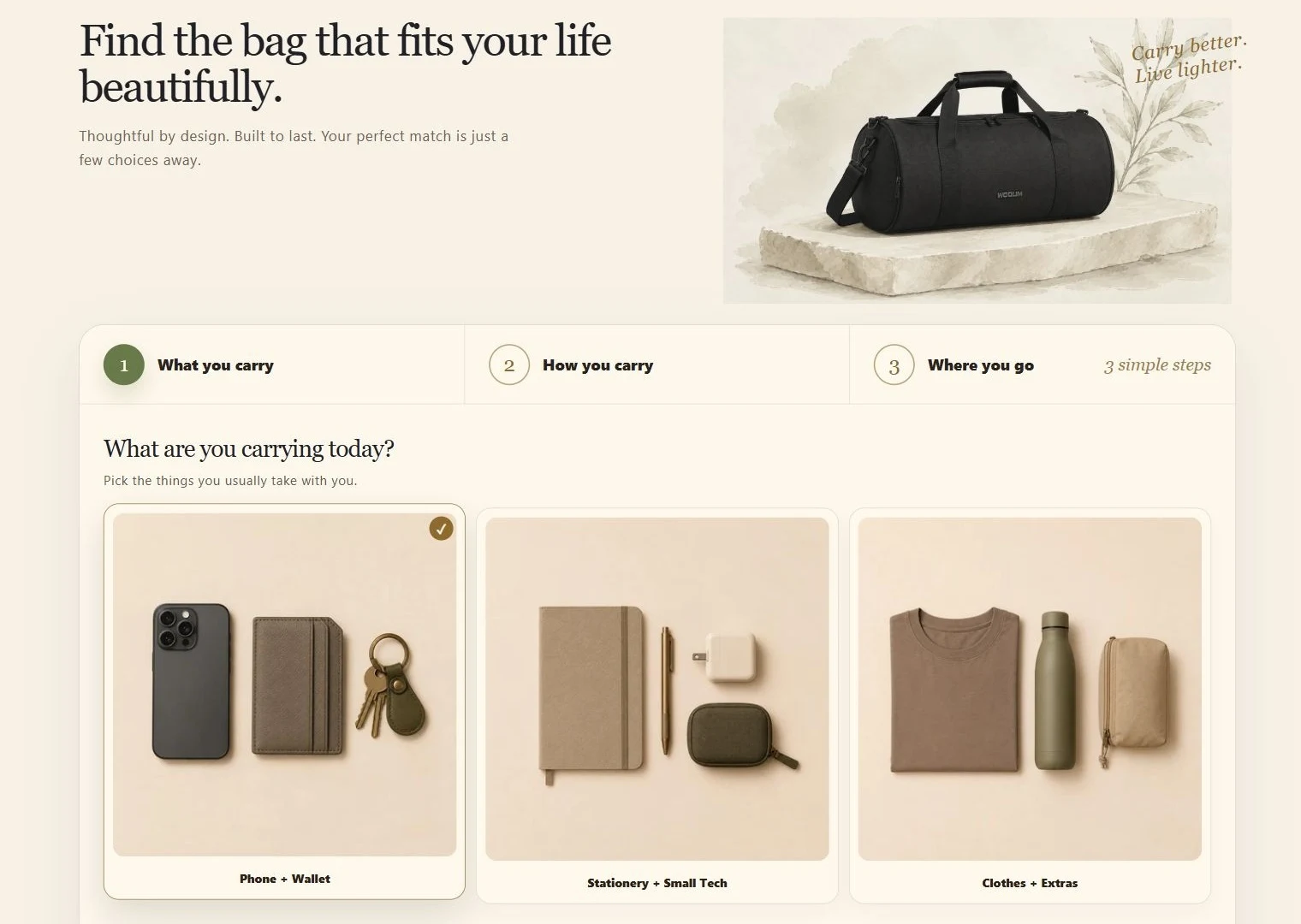 Theme preview — the bag finder's first step