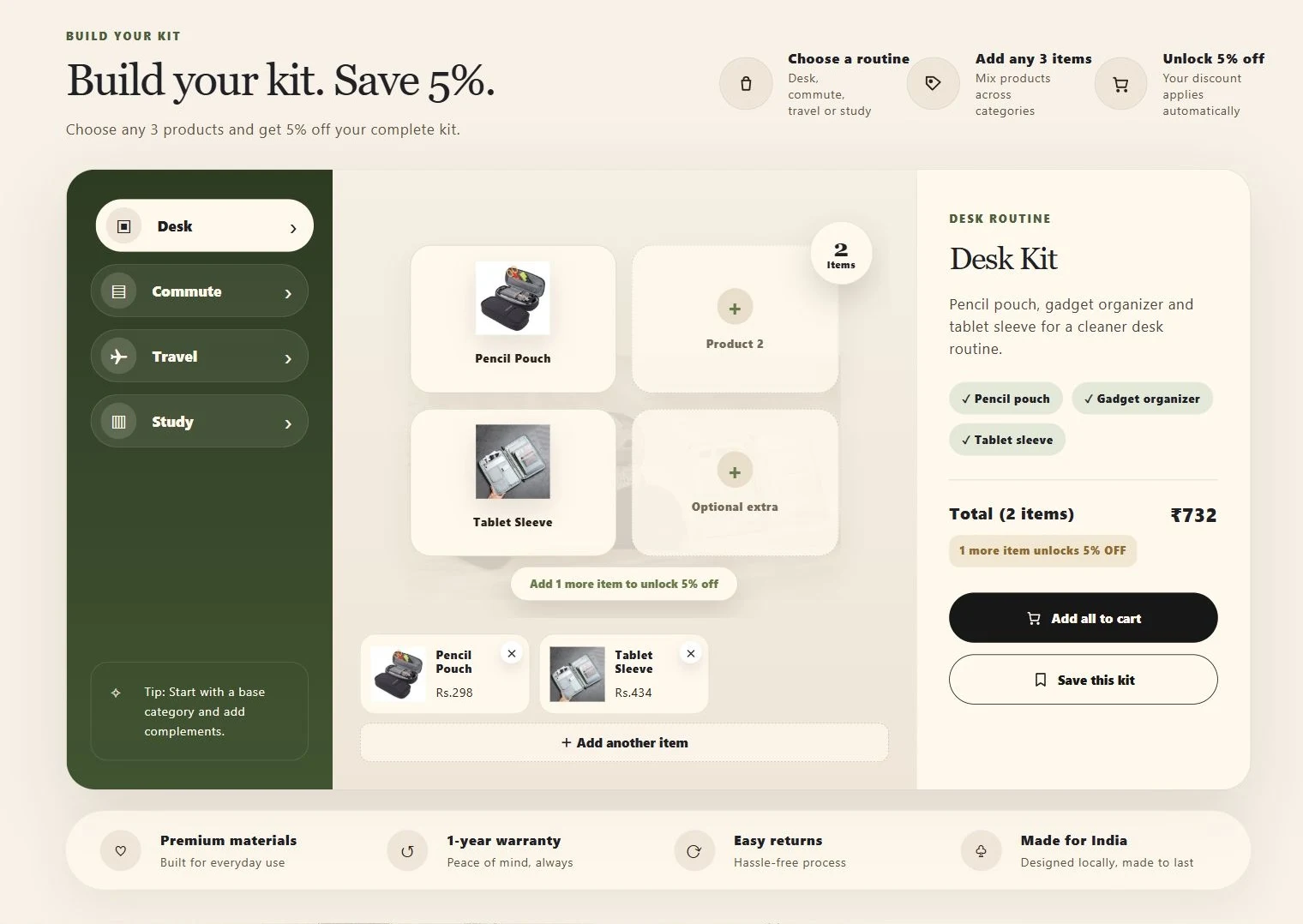 Theme preview — the desk kit builder